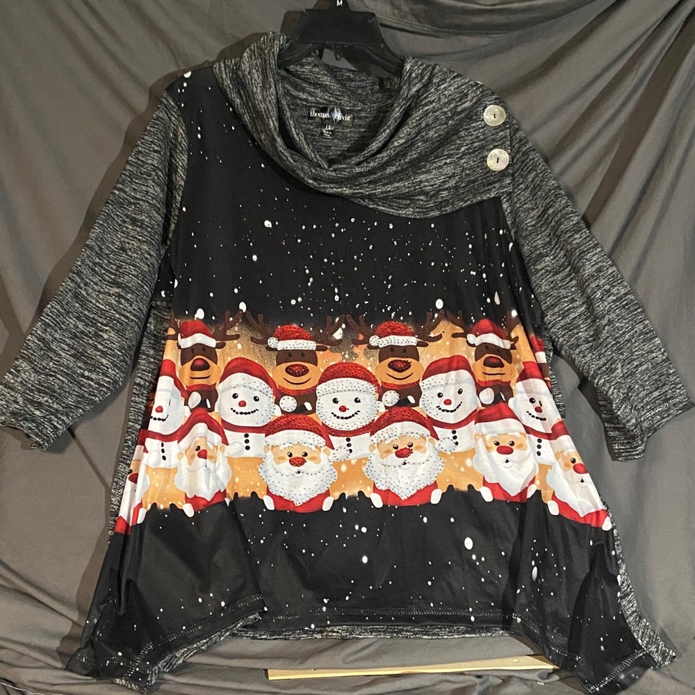 Festive Christmas Gray and Black Cowl Neck Sweater